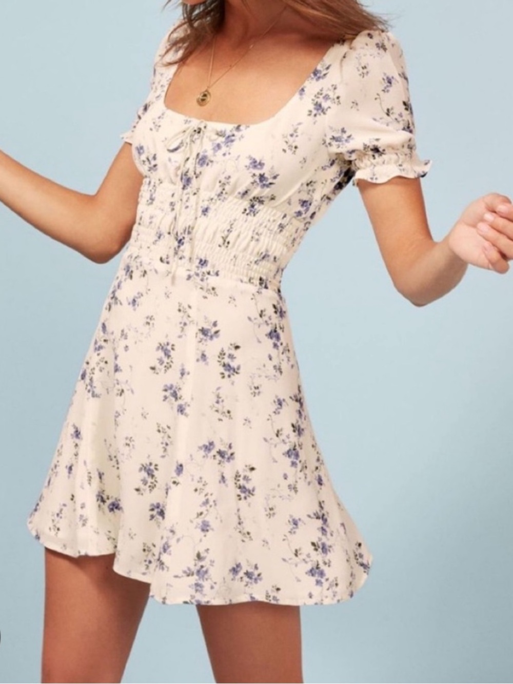 Reformation Linley Dress White Blue Floral Puff Sleeve Smocked Mini Sundress 12